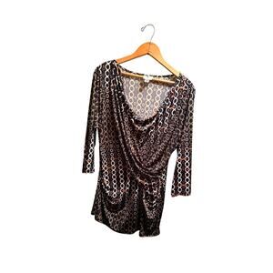 Woman Y2K Worthington XL Top Cowl Neck Geometric Ring Black Cream Cognac Stretch
